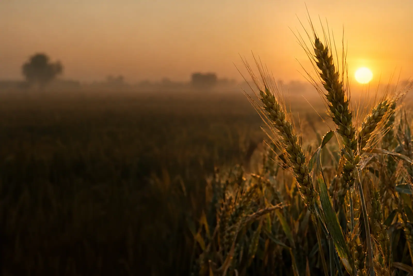 Wheat ears in a field at sunrise